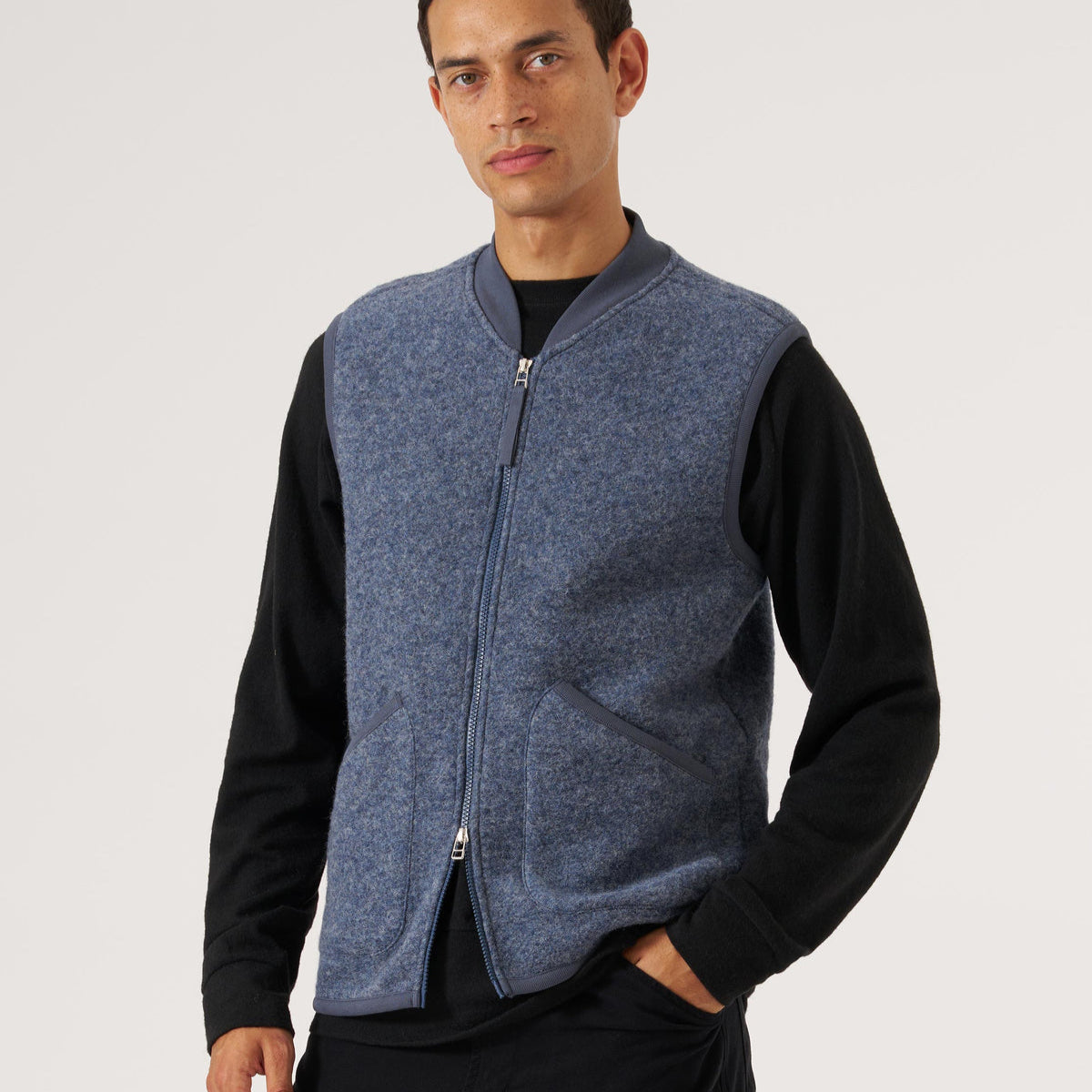 Universal Works Wool Fleece Zip Waistcoat Slate Blue