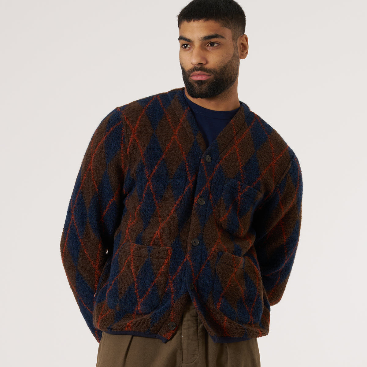 Universal Works Fleece Cardigan Brown / Navy