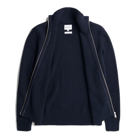 Norse Projects Hagen Wool Cotton Rib Full Zip Jacket Dark Navy