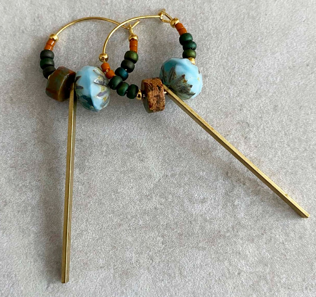 Blythe-B 20mm gold plated hoop with jasper sediment wheels and blue bicone czech- vintage beads