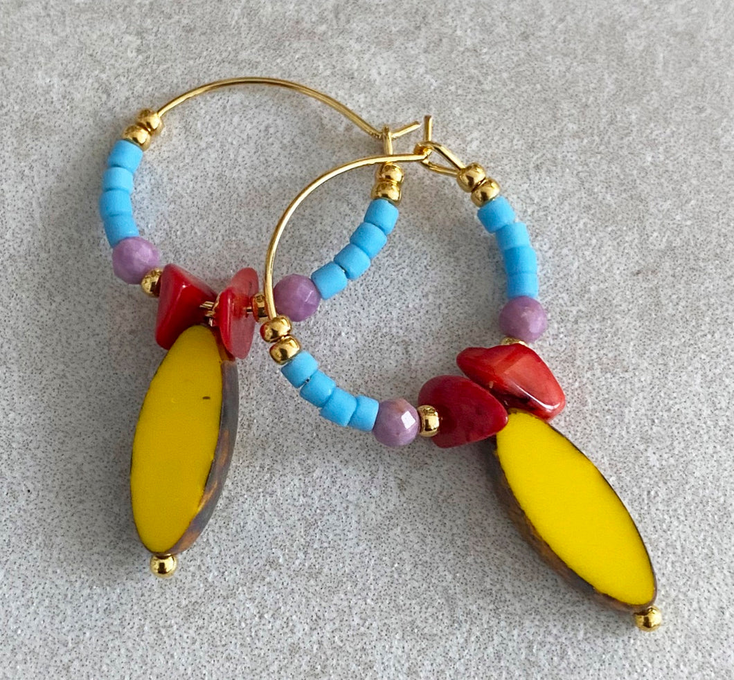 Blythe-B 20mm gold plated hoop with yellow spindles red coral and afghan heishi