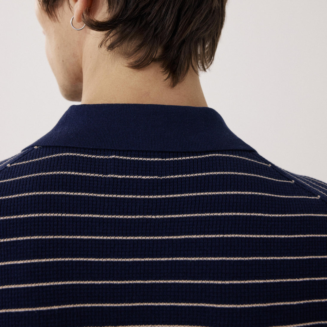 Hartford Knitted Pullover Waffle Stripe Polo Indigo