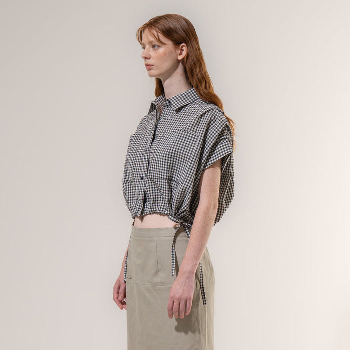 Emin+Paul Cropped Pleated Sleeve Blouse Black check