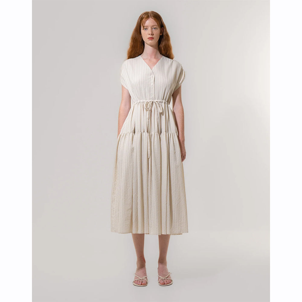 Emin+Paul Shirred Waist Dress Beige Stripe