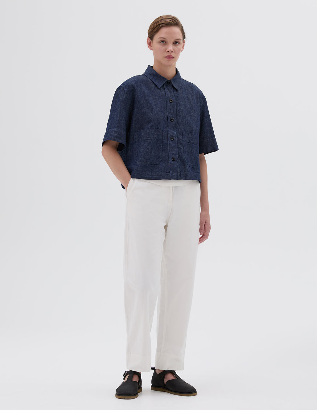 MHL W' Tapered Flat Front  Trouser Cotton Linen Off White
