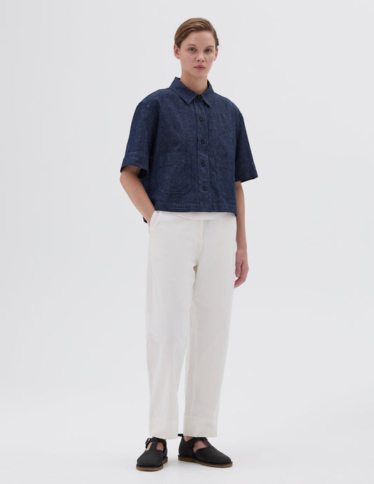 MHL W' Tapered Flat Front  Trouser Cotton Linen Off White