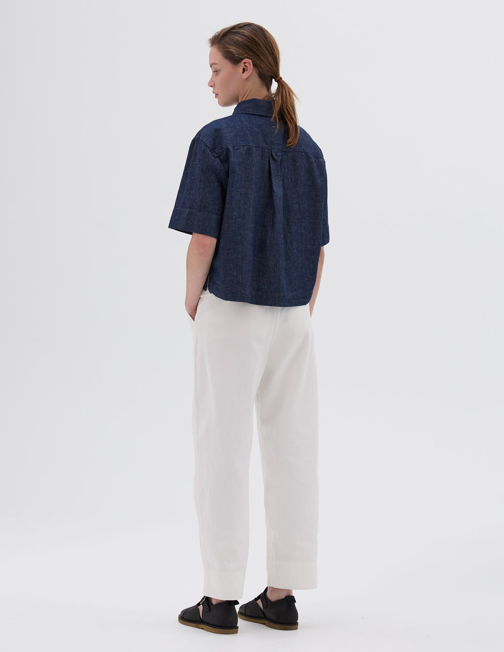 MHL W' Tapered Flat Front  Trouser Cotton Linen Off White