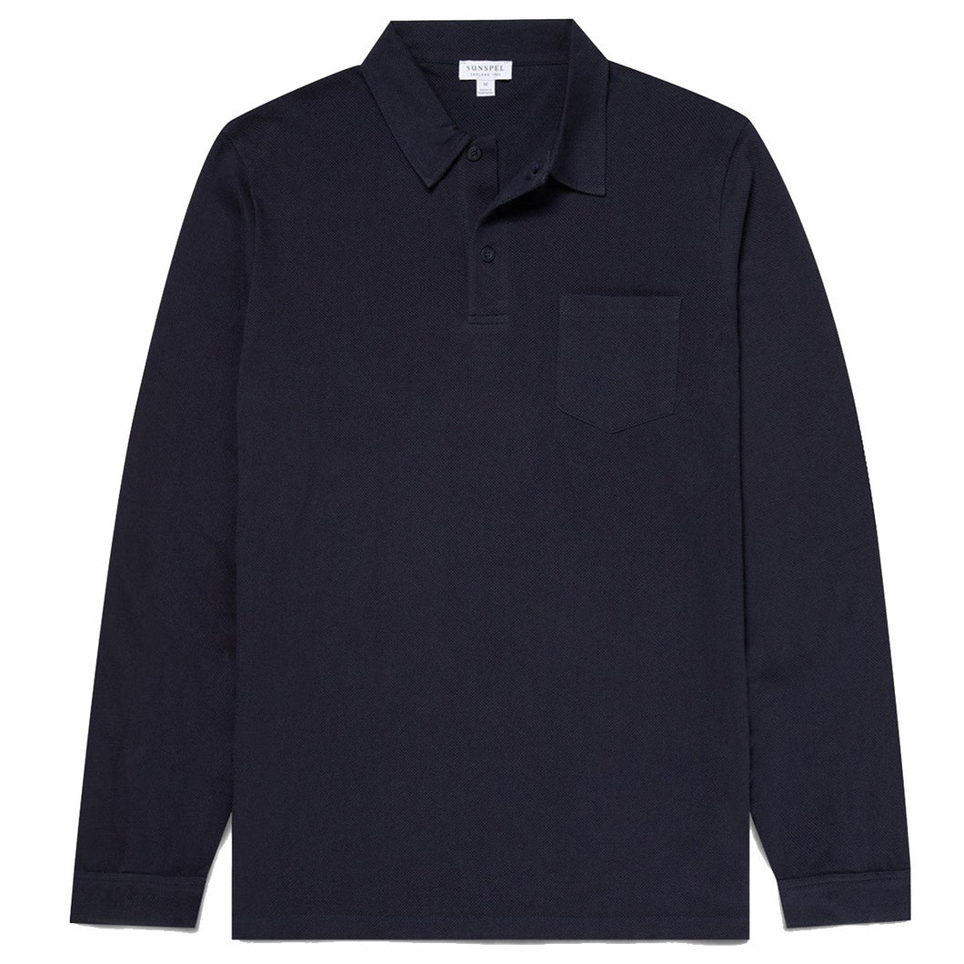Sunspel Cotton Riviera Long Sleeve Polo Shirt Navy