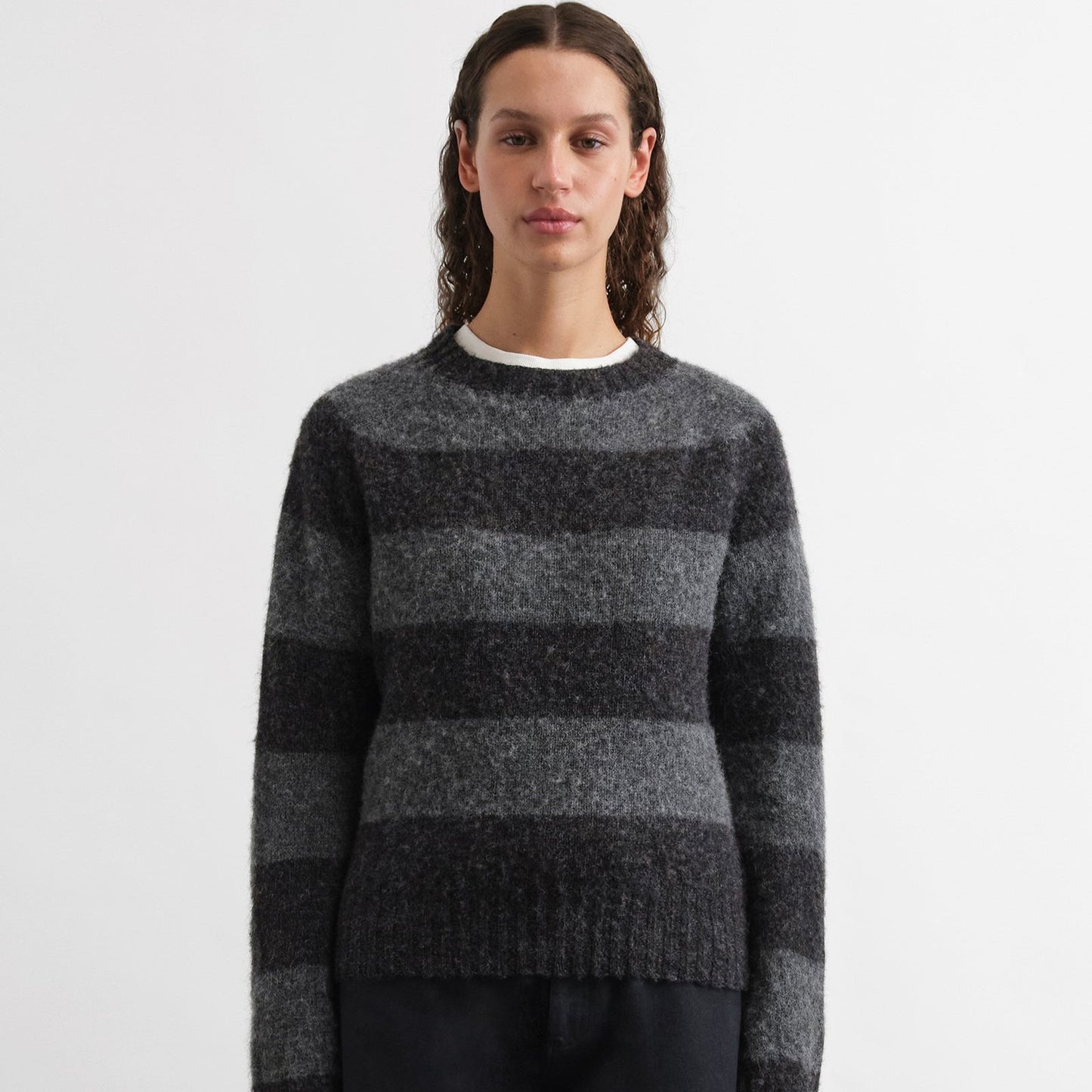 YMC Jets Stripe Crew Knit Grey Stripe