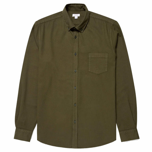 Sunspel Brushed Cotton Flannel Shirt Dark Olive