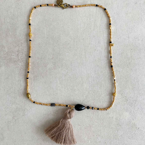 Blythe-B Necklace Onyx Faced Beads Mixed with Gold plated and cotton tassle