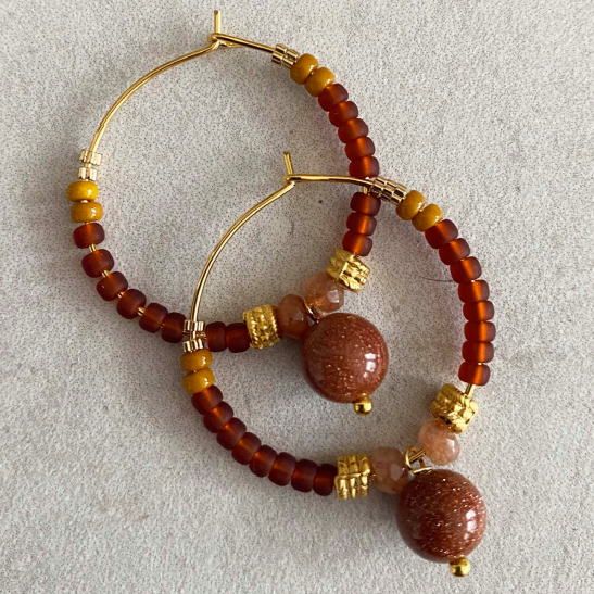 Blythe-B Sunstone Beads Mixed with Moon Stone and Gold Plated Beads 30mm Hoops