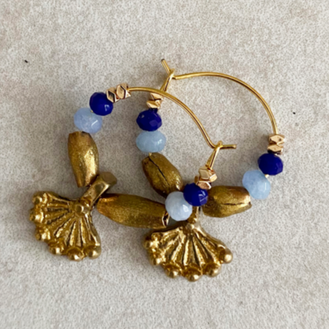 Blythe-B Hammered Fan Mixed with the Thiopian Rolled Brass Beads and Blue Agate 20mm Gold Plated Hoops