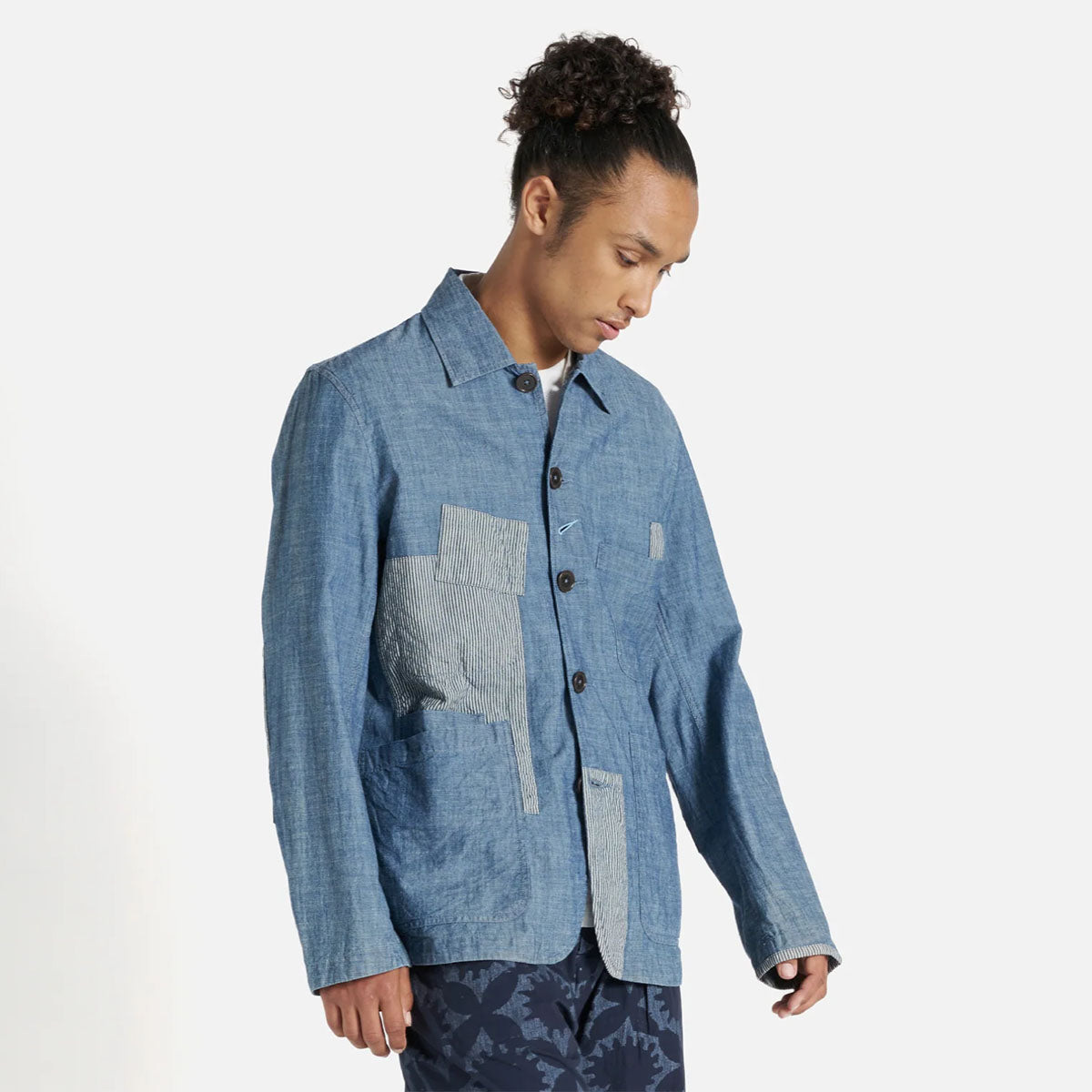 Universal Works Chambray / Hickory Patched Bakers Jacket Indigo