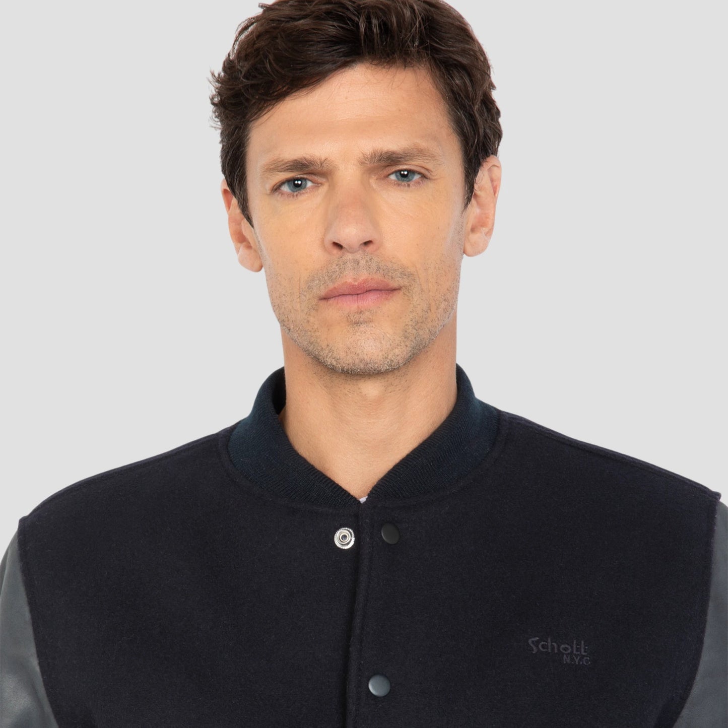 Schott LCUSA Leather/Wool Varsity Jacket Navy/Navy