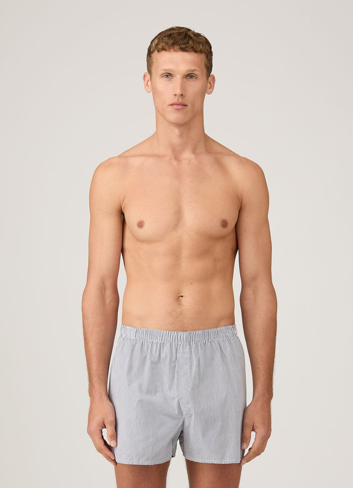 Sunspel Cotton Poplin Boxer Short White/Navy Pinstripe