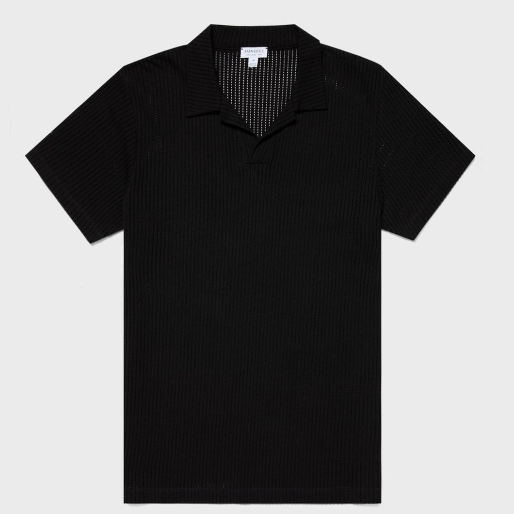 Sunspel Linear Mesh Polo Shirt Black