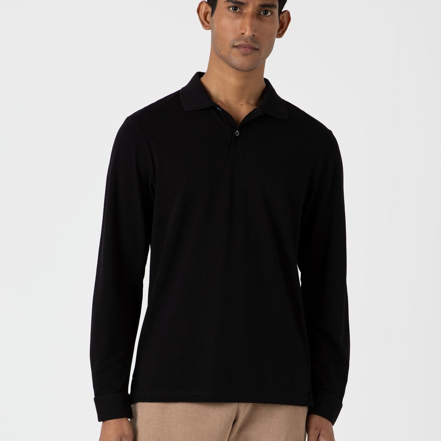 Sunspel Long Sleeve Piqué Polo Shirt Black