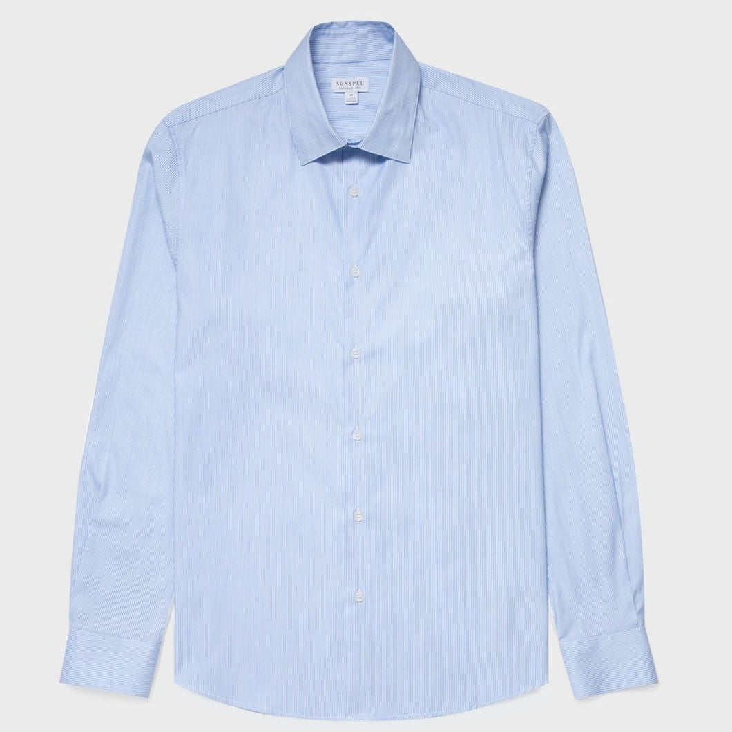 Sunspel Cotton Stretch LS Shirt Light Blue Dobby Stripe
