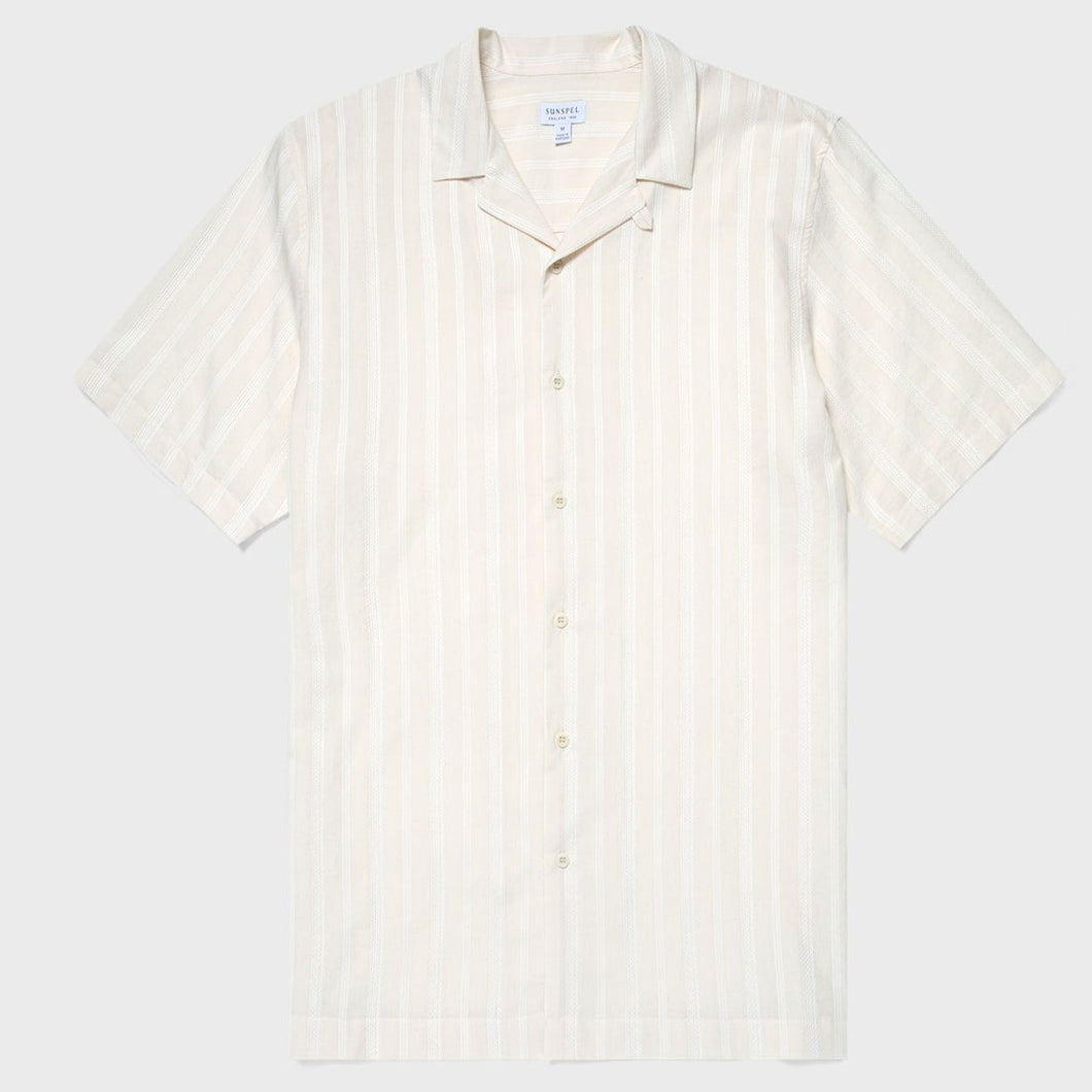 Sunspel Stripe Camp Collar Shirt Ecru