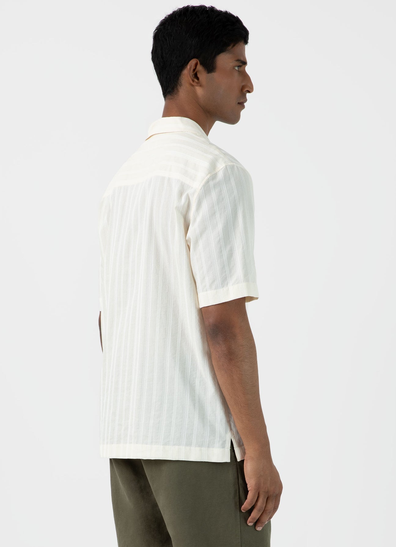 Sunspel SS Embroidered Stripe Camp Collar Shirt Ecru