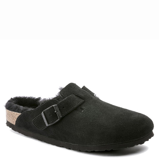 Birkenstock Boston Shearling Suede Leather Black Narrow Fit