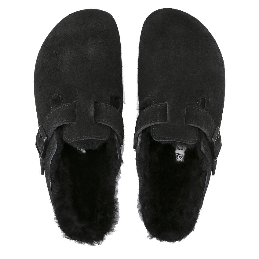 Birkenstock Boston Shearling Suede Leather Black Narrow Fit