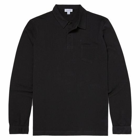 Sunspel Cotton Riviera Long Sleeve Polo Shirt Black