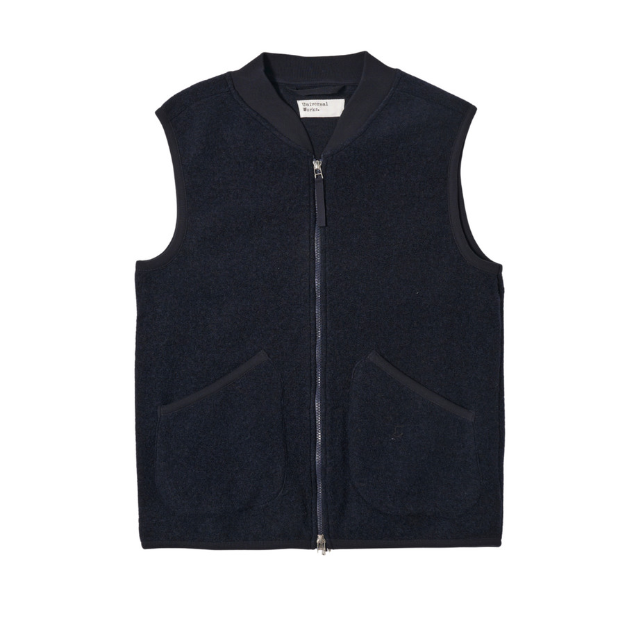 Universal Works Wool Fleece Zip Waistcoat Navy