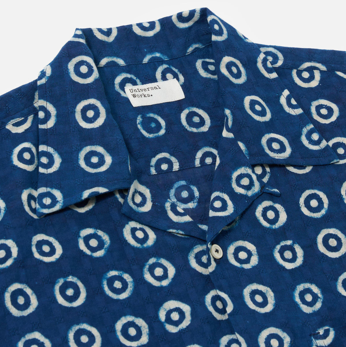 Universal Works Camper Shirt Block Print Circles Indigo