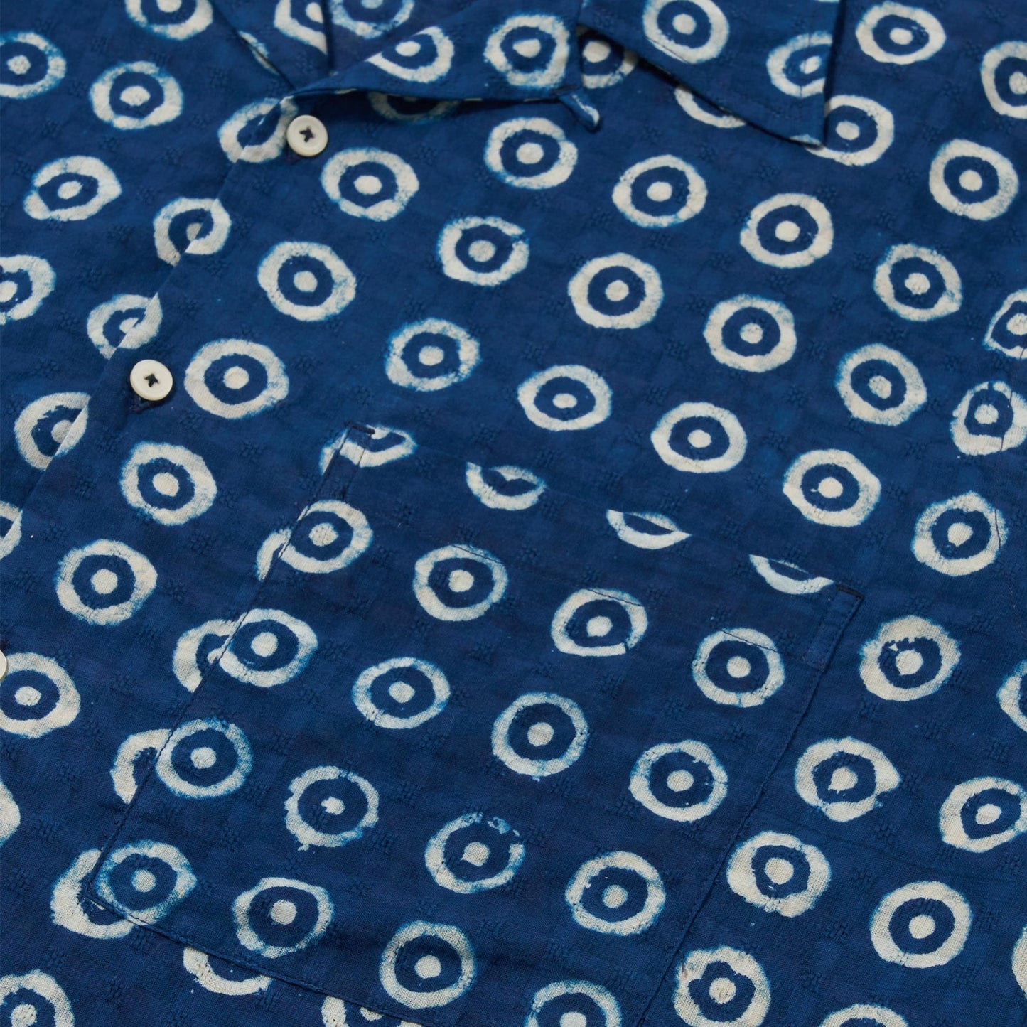Universal Works Camper Shirt Block Print Circles Indigo