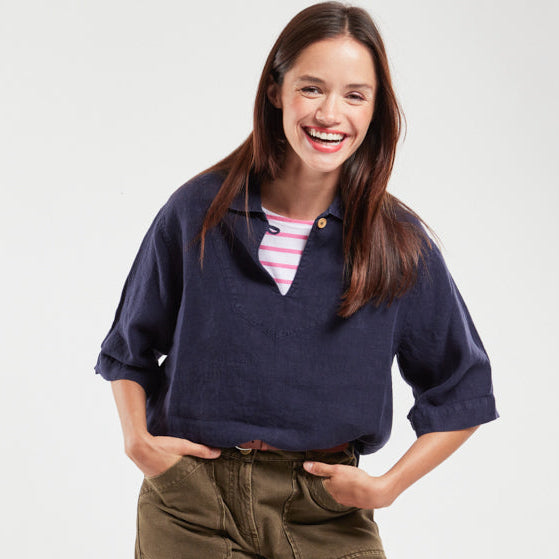 Armor Lux Womens Linen Heritage Smock Seal Navy