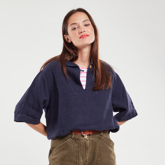 Armor Lux Womens Linen Heritage Smock Seal Navy