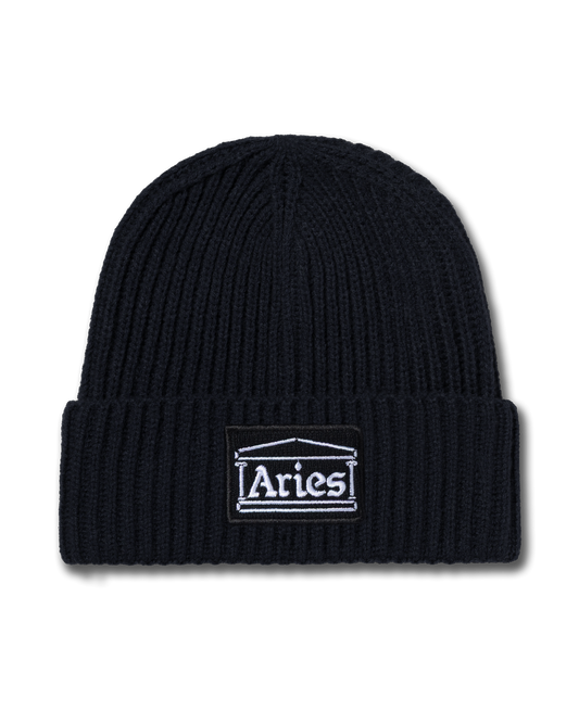 Aries Temple Patch Rib Knit Beanie Black