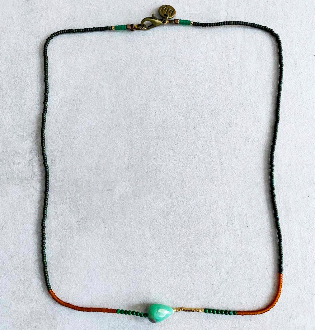 Blythe-B Chrysoprase faceted teardrop briolette with 24kt hill tribe bead and miyuki seed