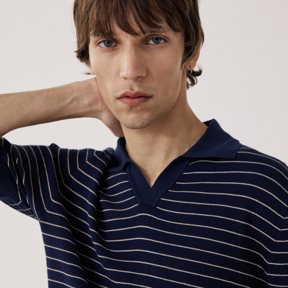 Hartford Knitted Pullover Waffle Stripe Polo Indigo