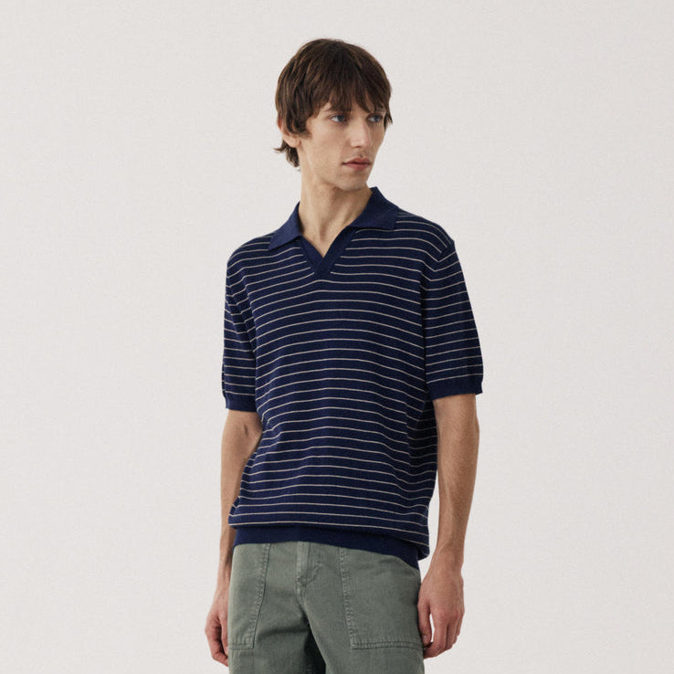 Hartford Knitted Pullover Waffle Stripe Polo Indigo