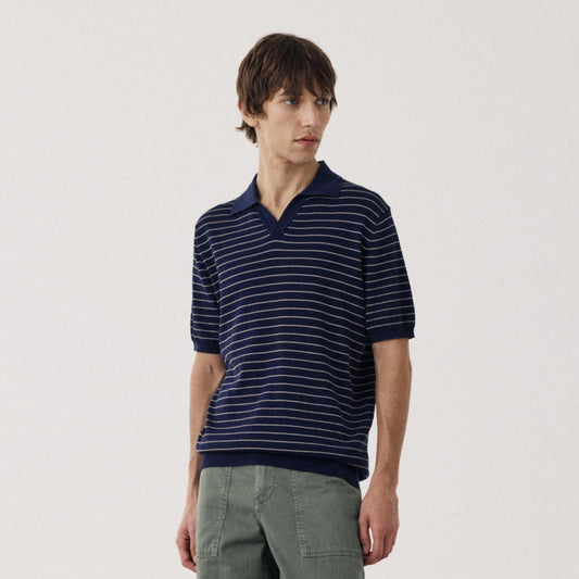 Hartford Knitted Pullover Waffle Stripe Polo Indigo