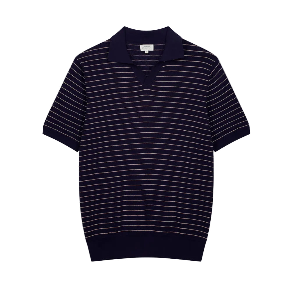 Hartford Knitted Pullover Waffle Stripe Polo Indigo