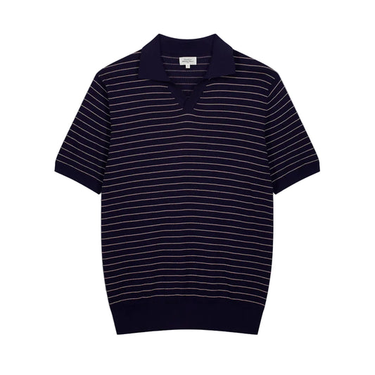 Hartford Knitted Pullover Waffle Stripe Polo Indigo