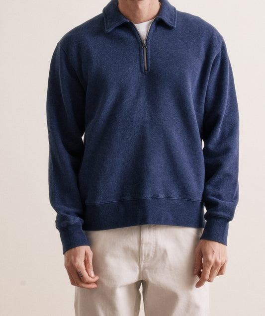 Hartford Zipper Polo Knit Sweatshirt Heather Blue