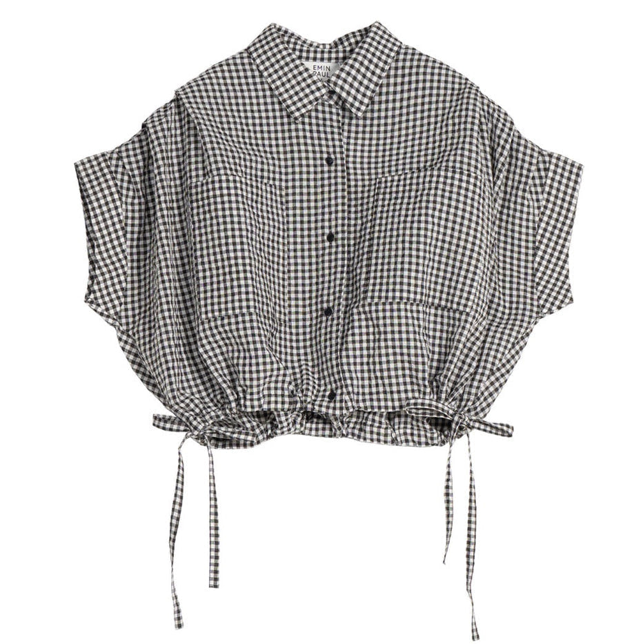 Emin+Paul Cropped Pleated Sleeve Blouse Black check