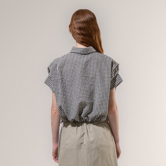 Emin+Paul Cropped Pleated Sleeve Blouse Black check