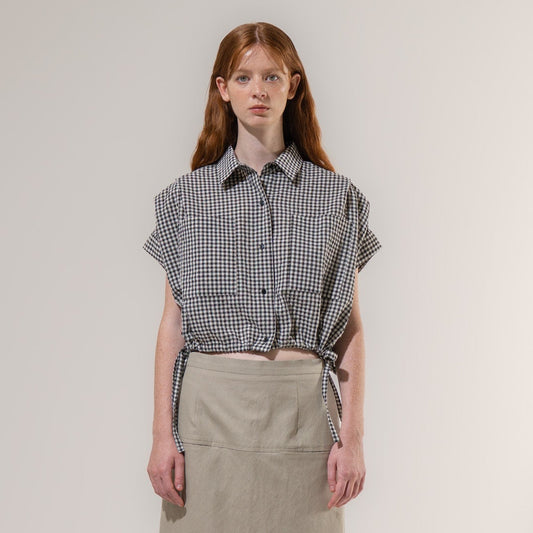 Emin+Paul Cropped Pleated Sleeve Blouse Black check