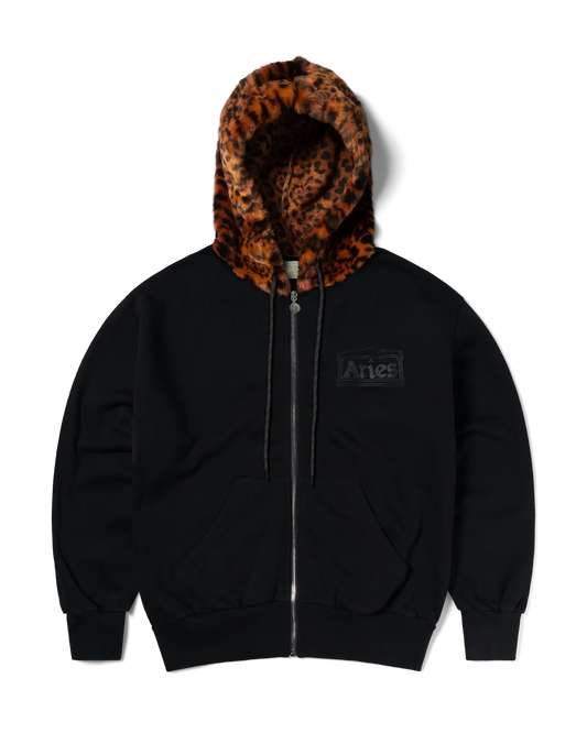 Aries Furry Zip Through Hoodie Black Cheetah