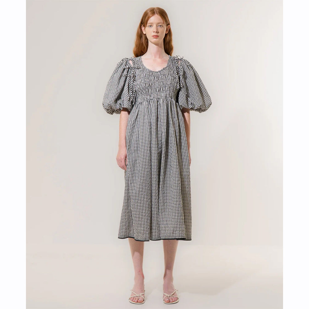 Emin+Paul Puff Sleeve Tie Dress Black Check