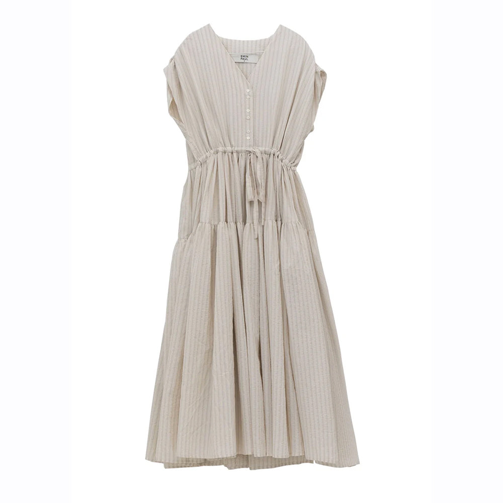 Emin+Paul Shirred Waist Dress Beige Stripe