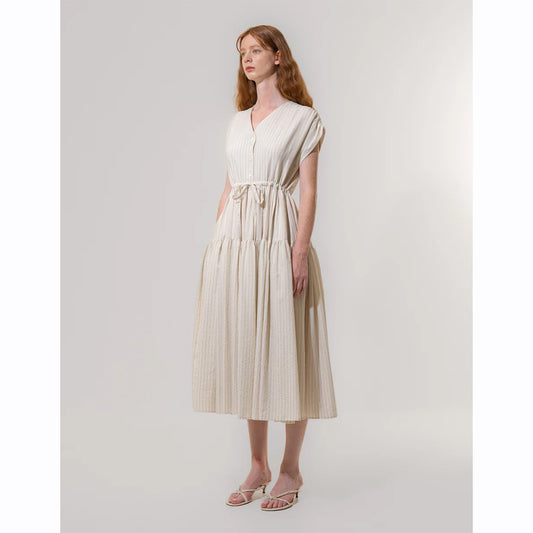 Emin+Paul Shirred Waist Dress Beige Stripe