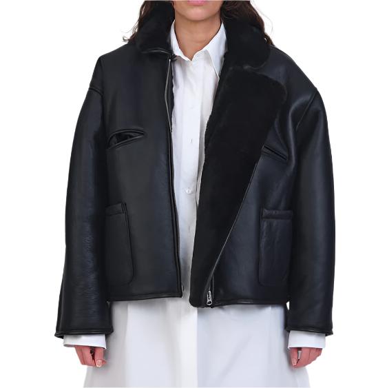 Cawley Studio Leather Black Straight Hair Flying Jacket Black