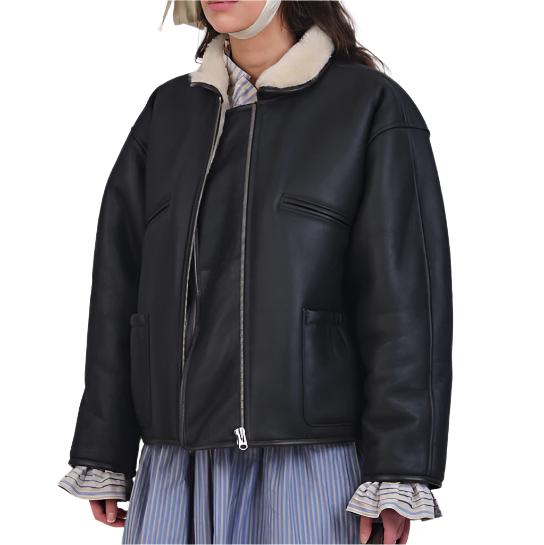 Cawley Studio Leather Black Straight Hair Flying Jacket Chocolate/Seal
